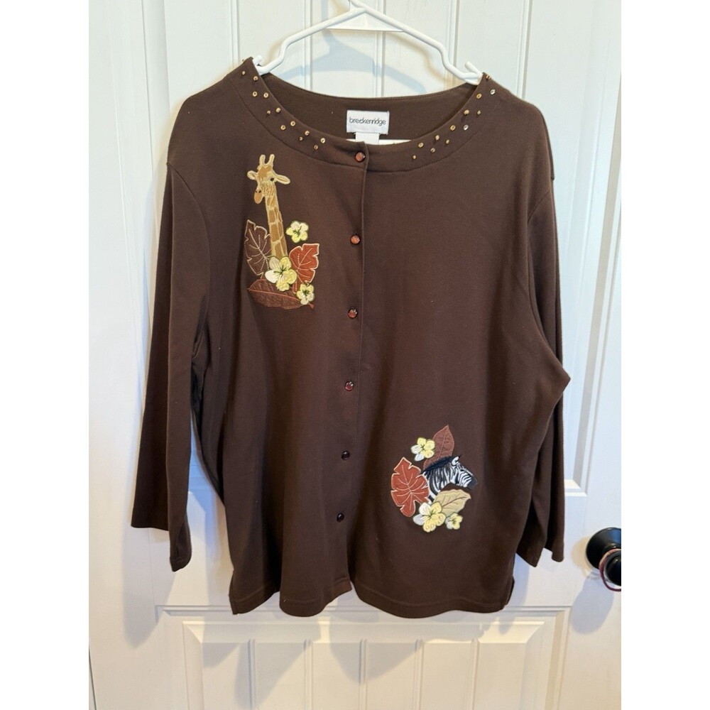 Breckenridge Womens XL Brown Safari Giraffe Zebra Applique Cardigan Cotton